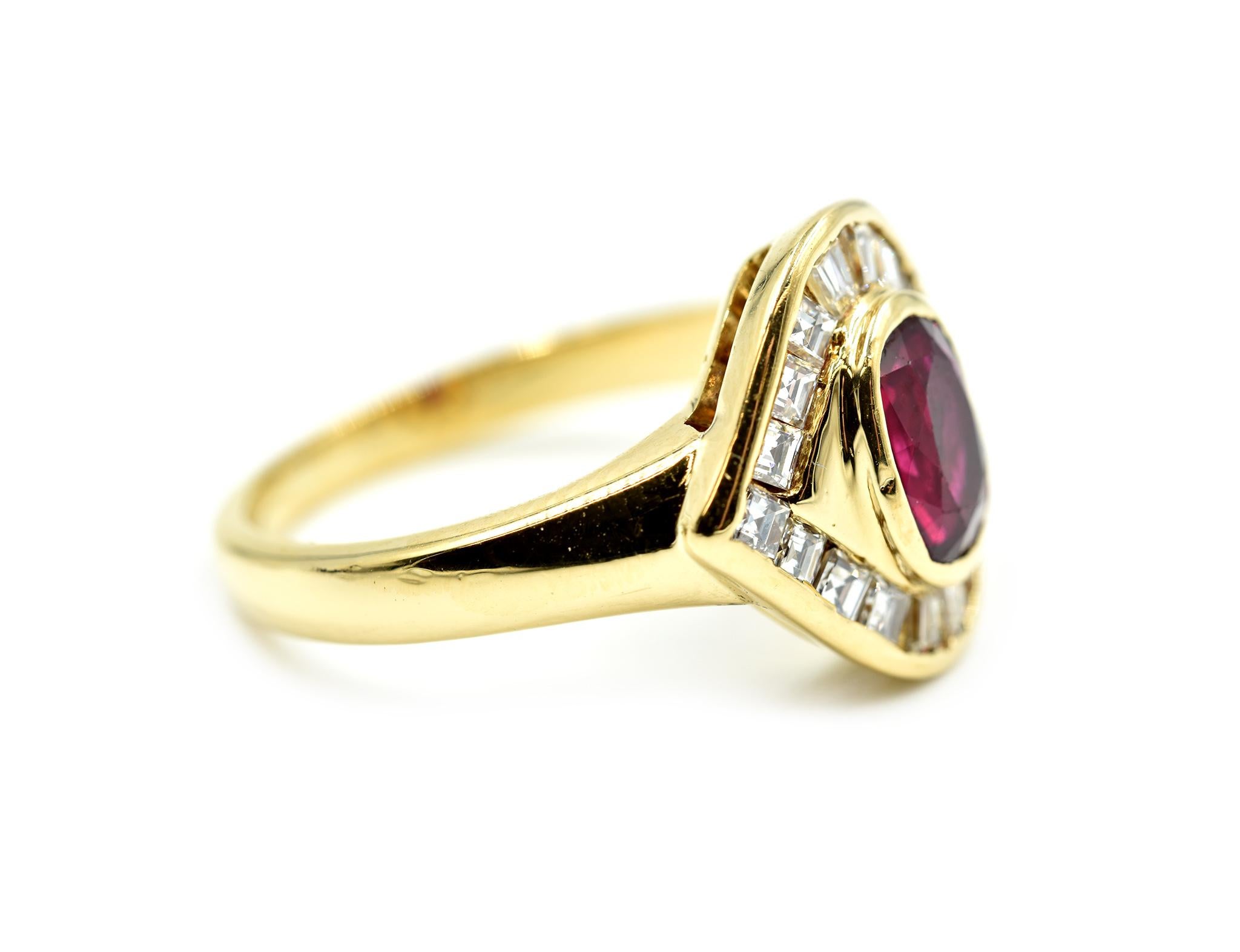 Designer: custom design
Material: 18k yellow gold
Ruby: one oval cut 0.75 carat ruby
Diamonds: 18 baguette cuts = 0.36 carat total weight
Dimensions: ring top is 1/2 inches long and 1/2 inches wide
Ring Size: 4 ¾ (please allow two extra shipping