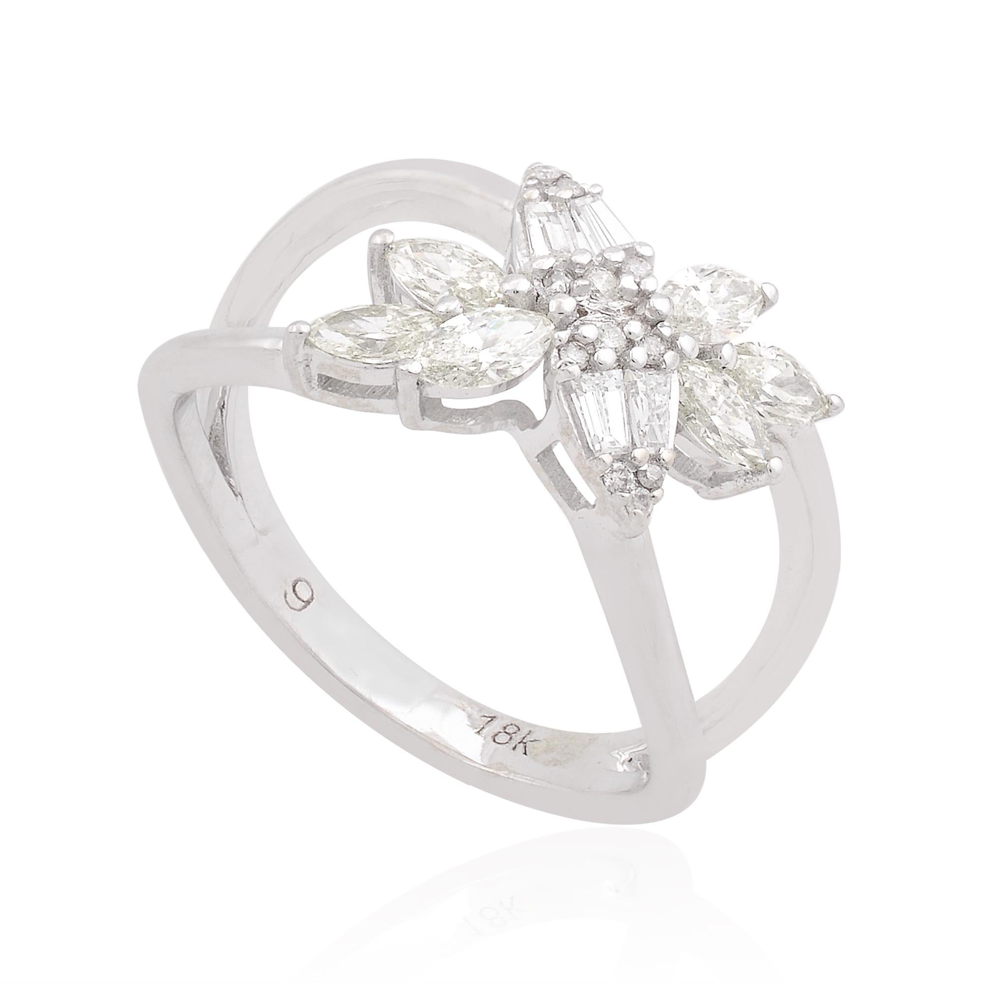 0,75 Karat SI/H Marquise & Baguette Diamant Cocktail Ring 18 Karat Weißgold (Baguetteschliff) im Angebot