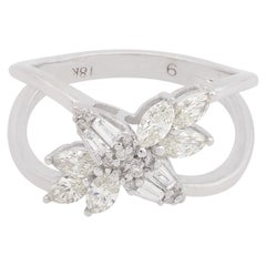 Anello Cocktail con Diamante Marquise e Baguette da 0,75 Carati SI/H Oro Bianco 18 Carati