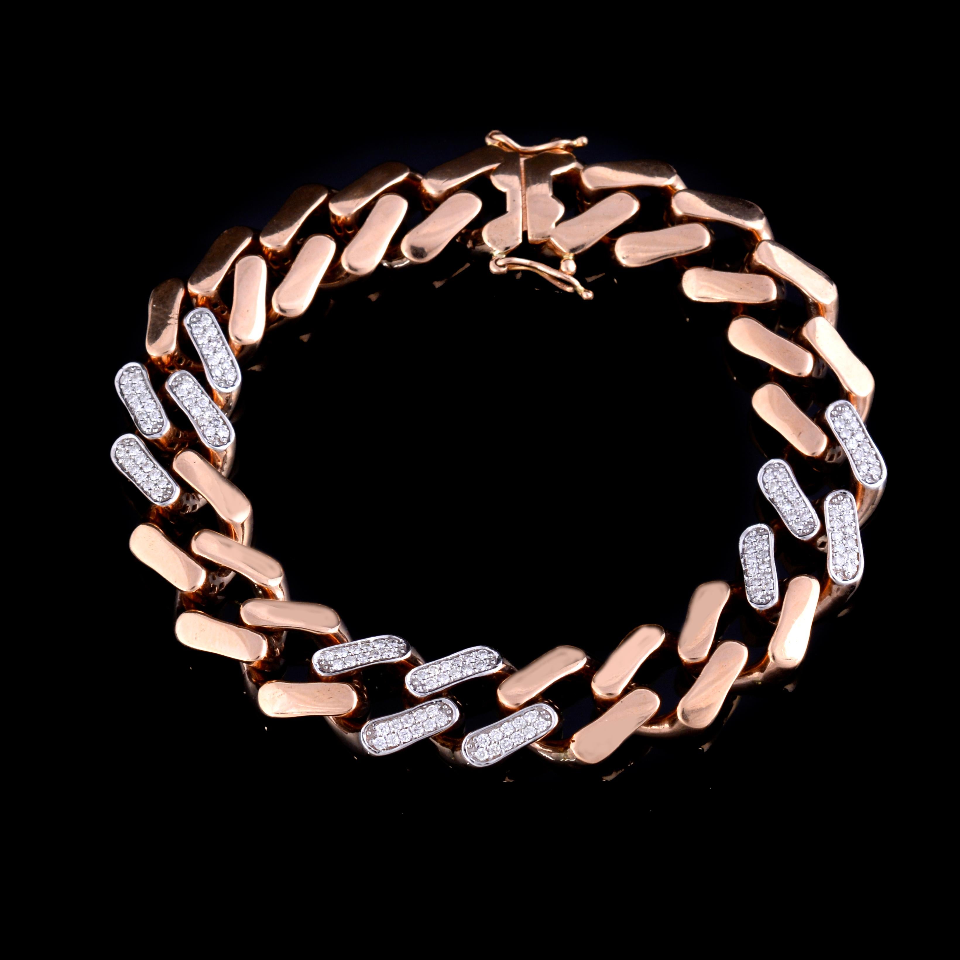 Modern 0.75 Carat SI/HI Diamond Cuban Link Chain Bracelet 18 Karat Rose Gold Jewelry For Sale