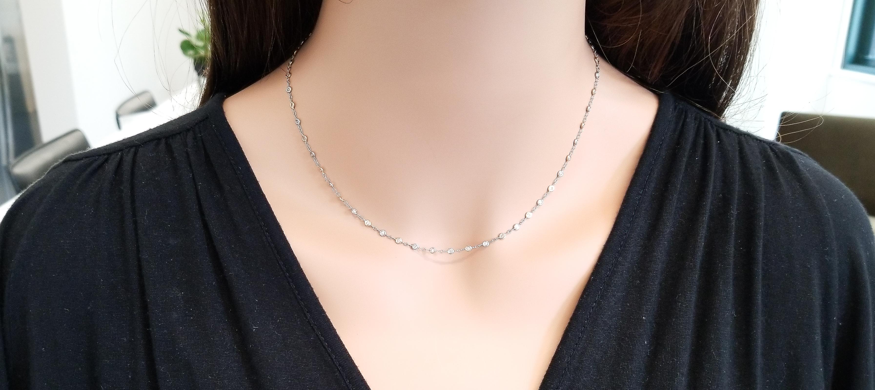 A gorgeous diamond necklace will rarely go overlooked. This 18” piece is both rare and stunning. It includes alternating wire-wrapped bezels that set white and natural pink round diamonds. There are 27 white diamonds that total 0.40 carat total