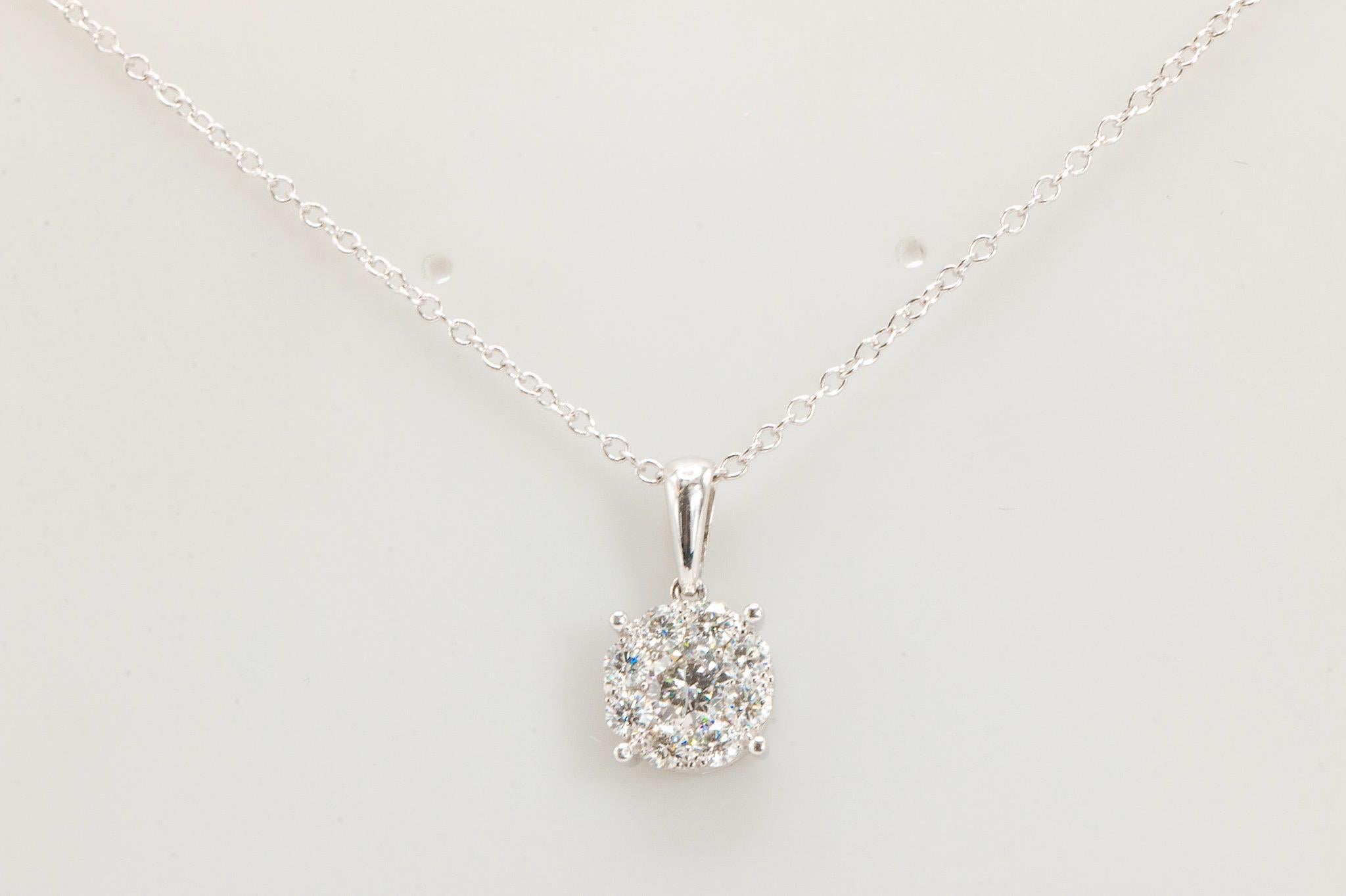 Modern 0.75 Carat Total Diamond Halo Pendant Necklace in 14K White Gold For Sale