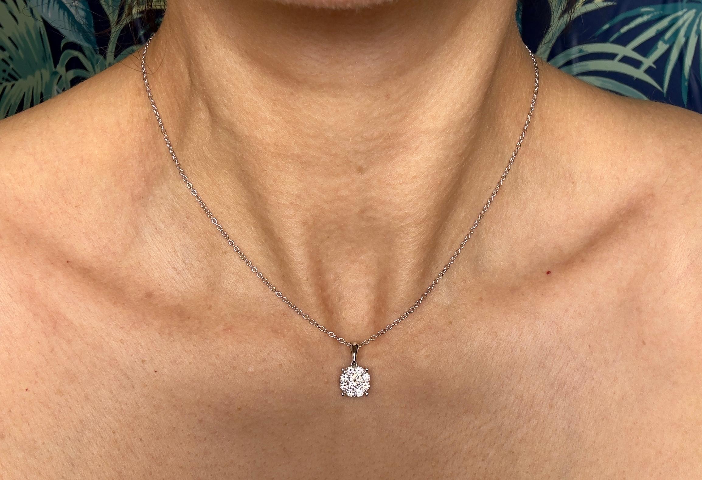 0.75 Carat Total Diamond Halo Pendant Necklace in 14K White Gold In New Condition For Sale In Houston, TX