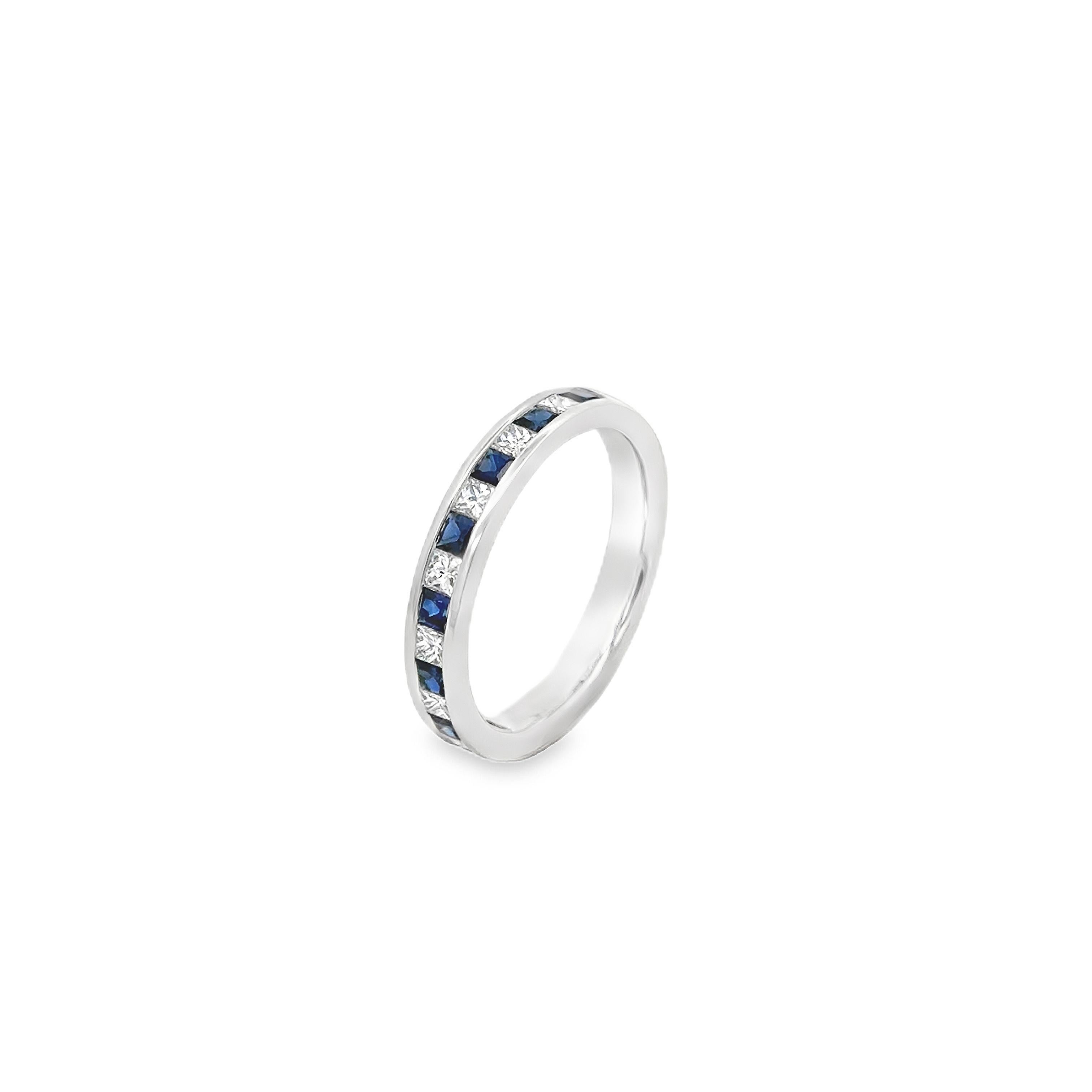 Contemporary Roman Malakov 0.75 Carat Total Princess Cut Sapphire & Diamond Wedding Band Ring For Sale