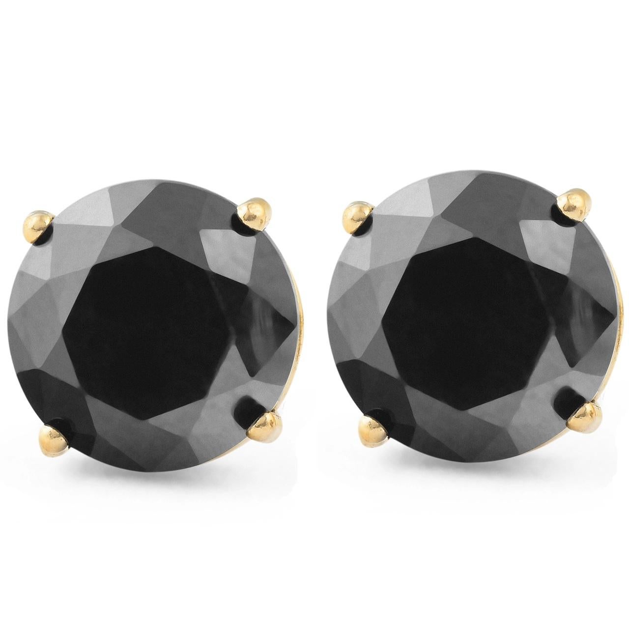 Contemporary 0.75 Carat Total Round Black Diamond Solitaire Stud Earrings in 14 K Yellow Gold