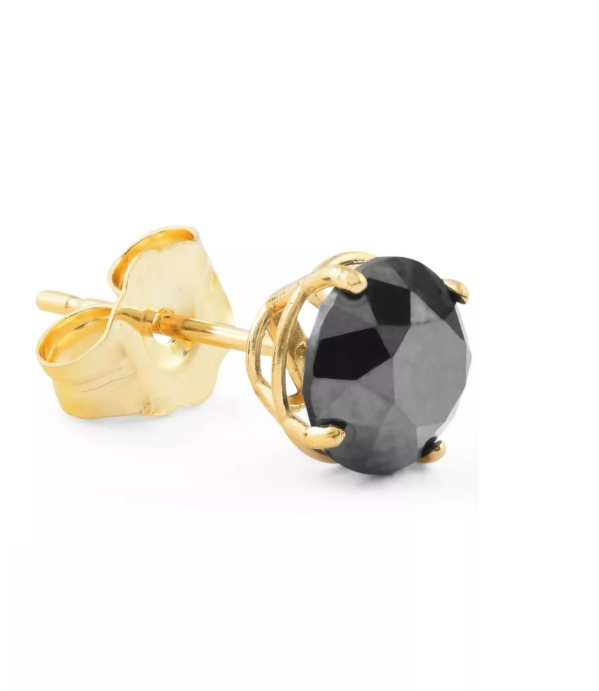 Round Cut 0.75 Carat Total Round Black Diamond Solitaire Stud Earrings in 14 K Yellow Gold