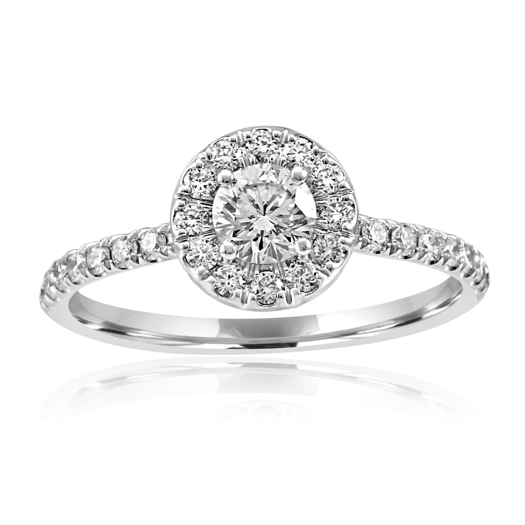 Gorgeous White Colorless diamond Round SI clarity 0.39 Carat encircled in Halo of White Round Diamonds 0.37 Carat in Stunning 14K White Gold Classic Engagement Bridal Ring.

Style available in different price ranges. Prices are based on your