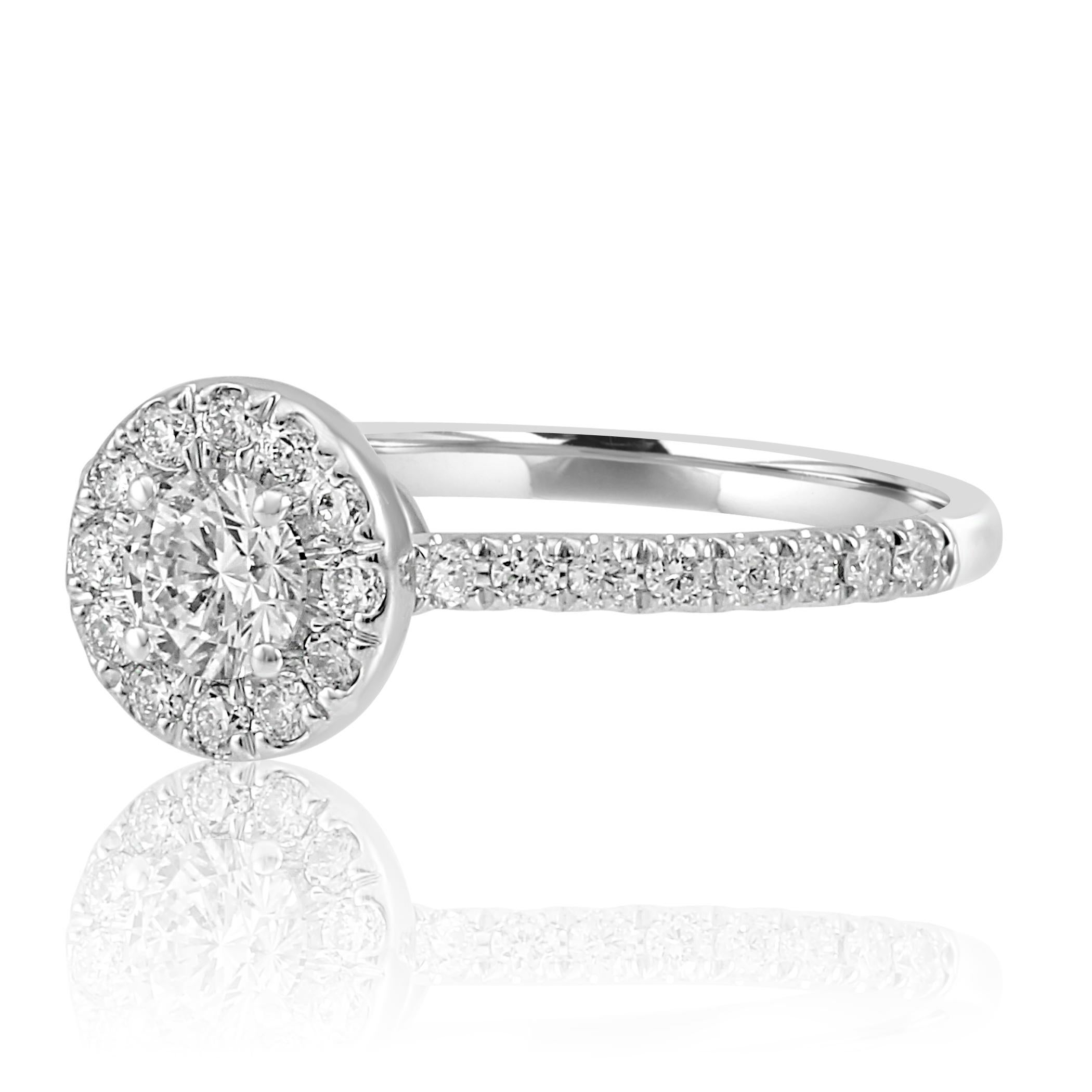 Modern 0.75 Carat Total Weight White Round Diamond Halo Gold Engagement Bridal Ring
