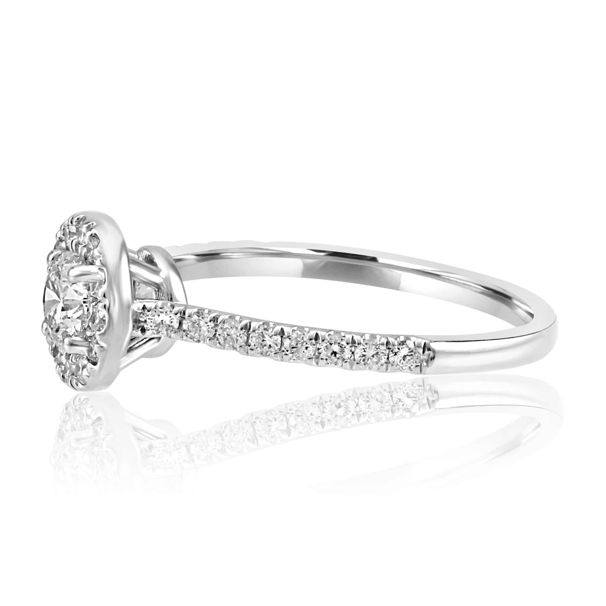 Round Cut 0.75 Carat Total Weight White Round Diamond Halo Gold Engagement Bridal Ring