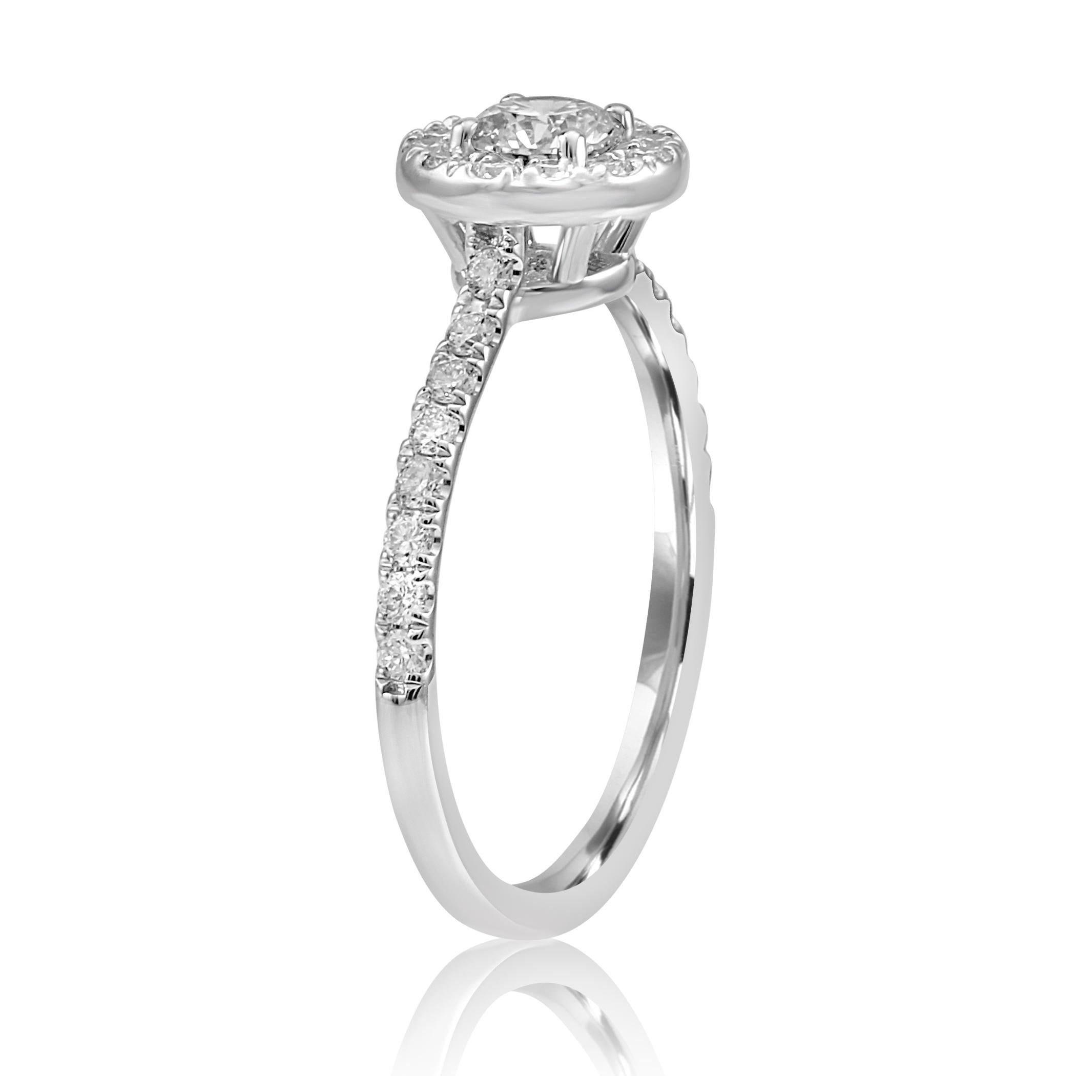 Women's or Men's 0.75 Carat Total Weight White Round Diamond Halo Gold Engagement Bridal Ring