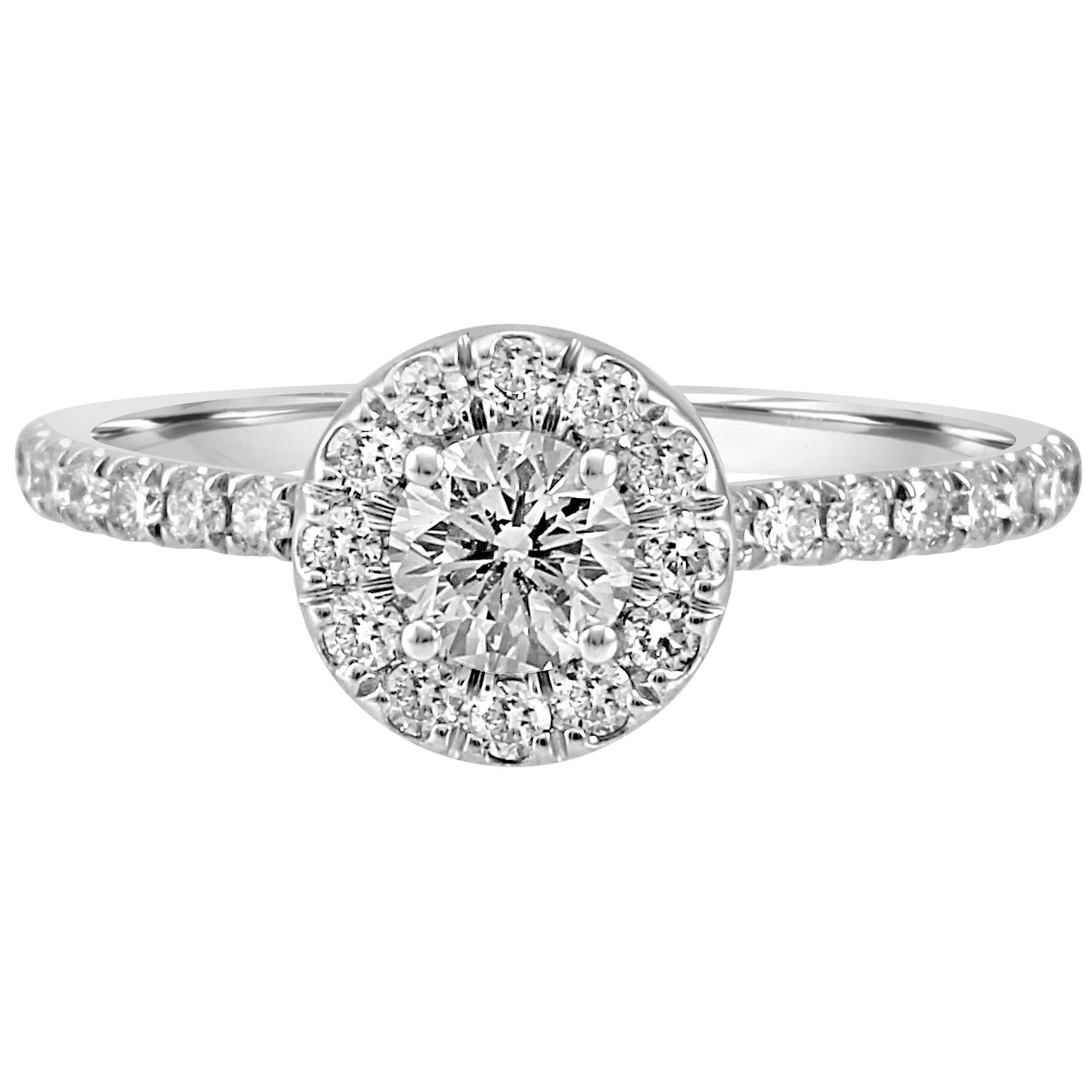 0.75 Carat Total Weight White Round Diamond Halo Gold Engagement Bridal Ring