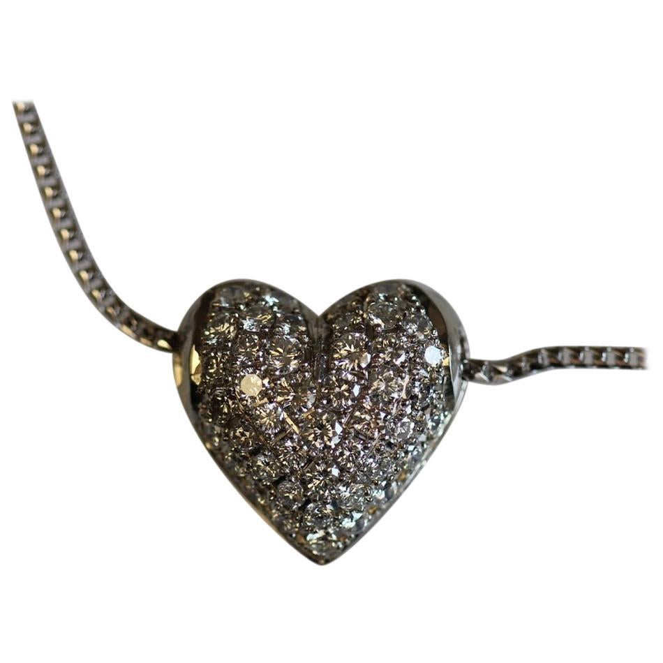 0.75 Carat TW Heart Pave Pendant Necklace 14 Karat White Gold, Ben Dannie For Sale