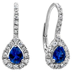 0.75 Carats Total Pear Shape Blue Sapphire & Diamond lever-Back Dangle Earrings