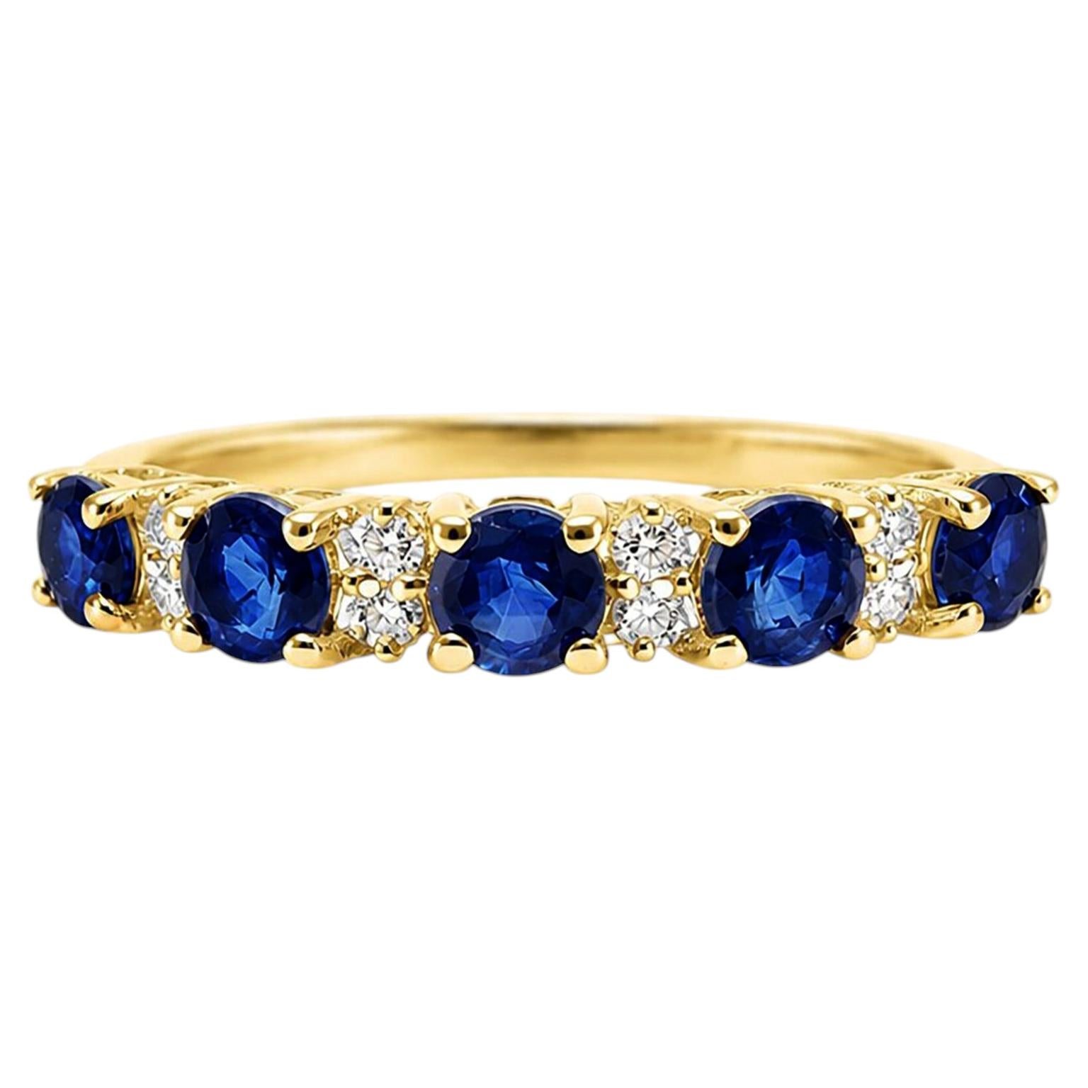 0.75 Ct Blue Sapphire Diamond Band 14K Gold Sapphire Band 0.10 Ct HI VS Diamond