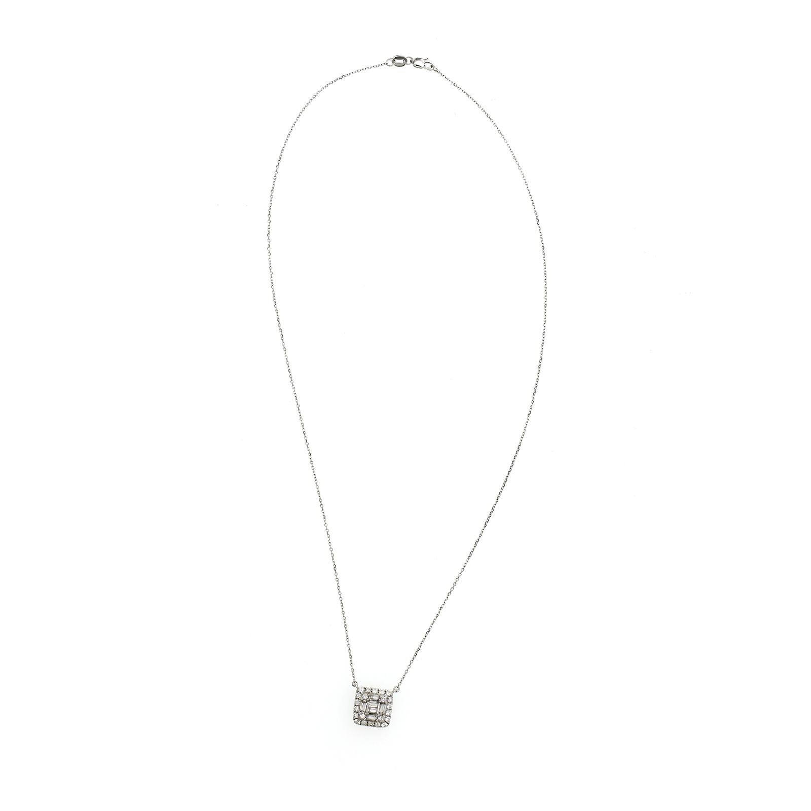 Round Cut 0.75 CT Diamond 14K White Gold Square Pendant Necklace For Sale