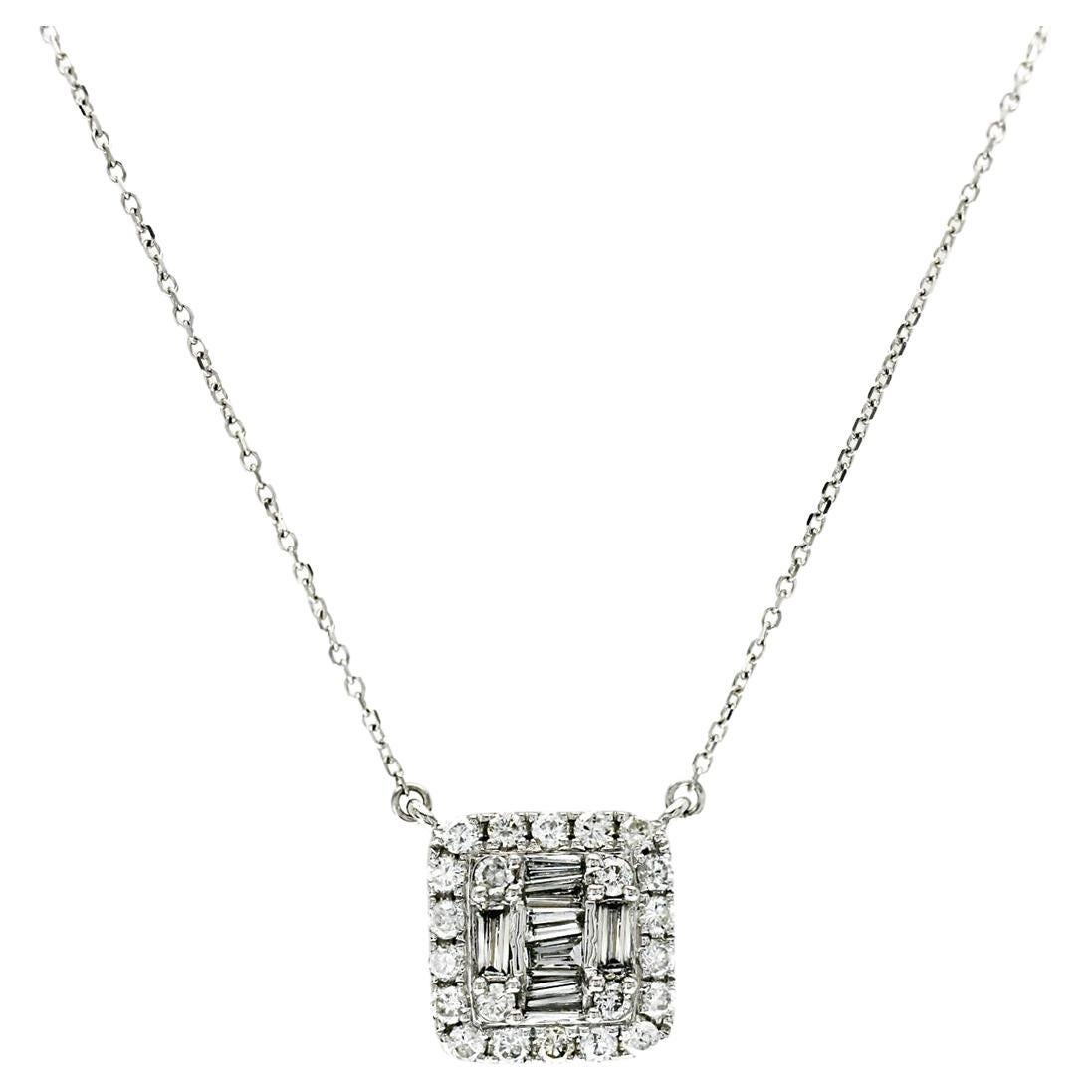 0.75 CT Diamond 14K White Gold Square Pendant Necklace For Sale