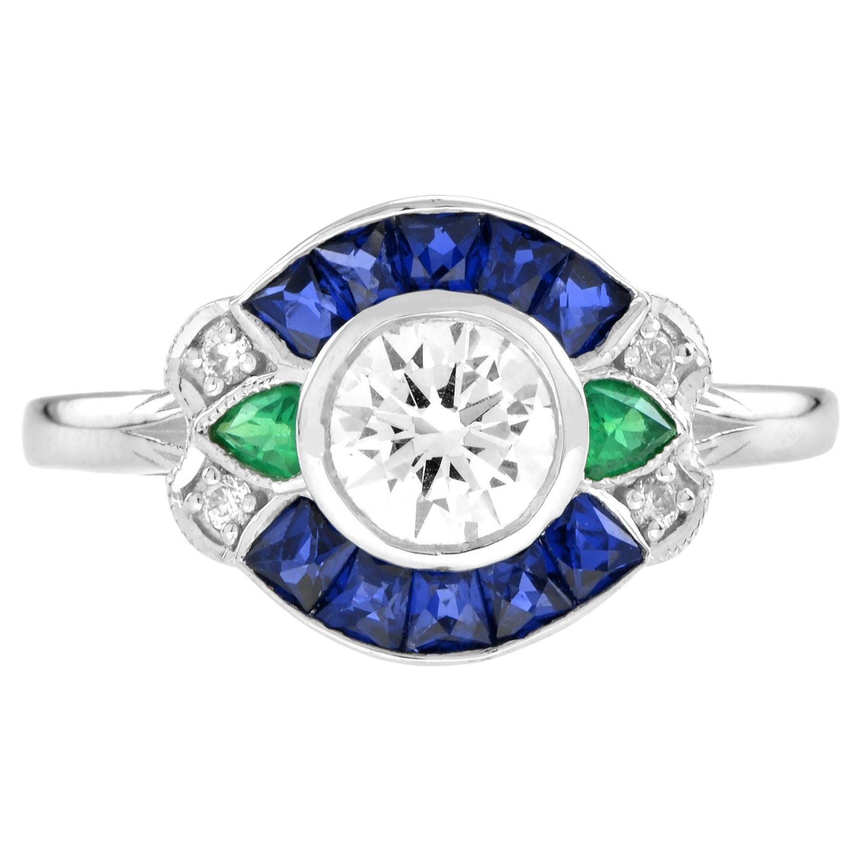 0.75 Ct. Diamond Sapphire Emerald Art Deco Style Engagement Ring in 18K Gold For Sale