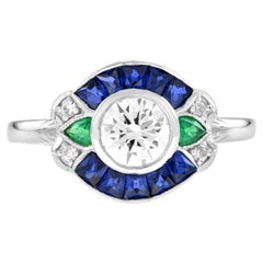 0.75 Ct. Diamond Sapphire Emerald Art Deco Style Engagement Ring in 18K Gold