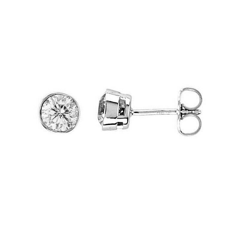 0.75 Ct Natural Diamond Bezel Earrings G-H SI in 14k White Gold For Sale