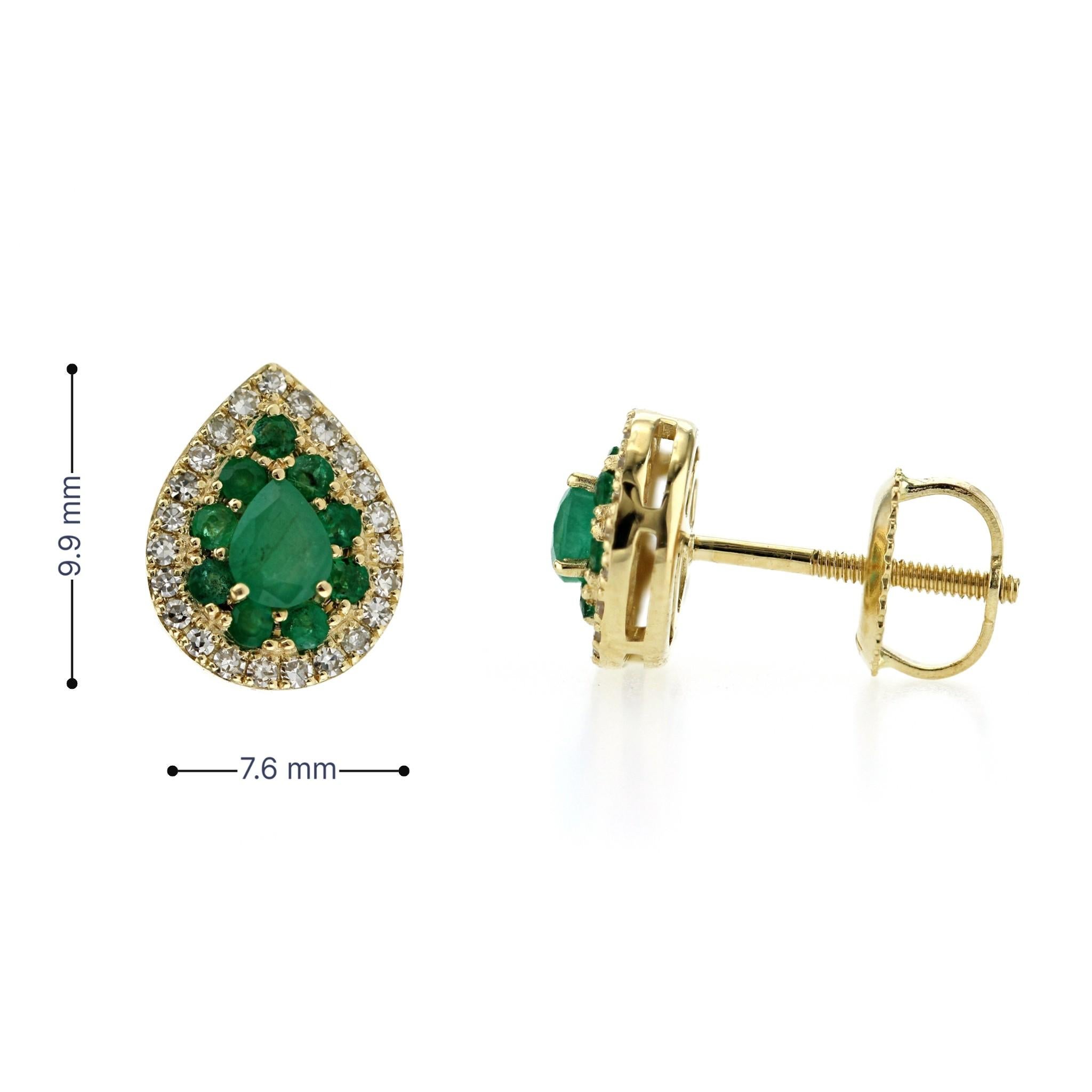 Taglio rotondo Smeraldo naturale 0,75 CT Diamanti 0,20 CT Orecchini a vite a forma di pera in oro 14K in vendita