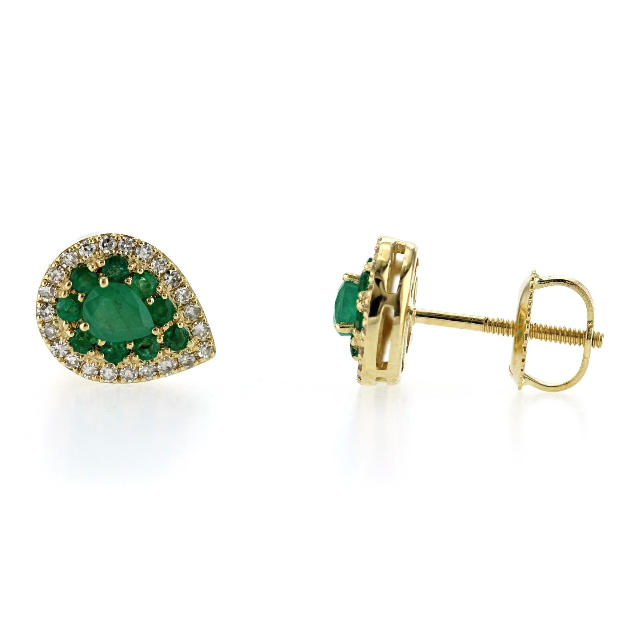 Smeraldo naturale 0,75 CT Diamanti 0,20 CT Orecchini a vite a forma di pera in oro 14K In condizioni ottime in vendita a Los Angeles, CA