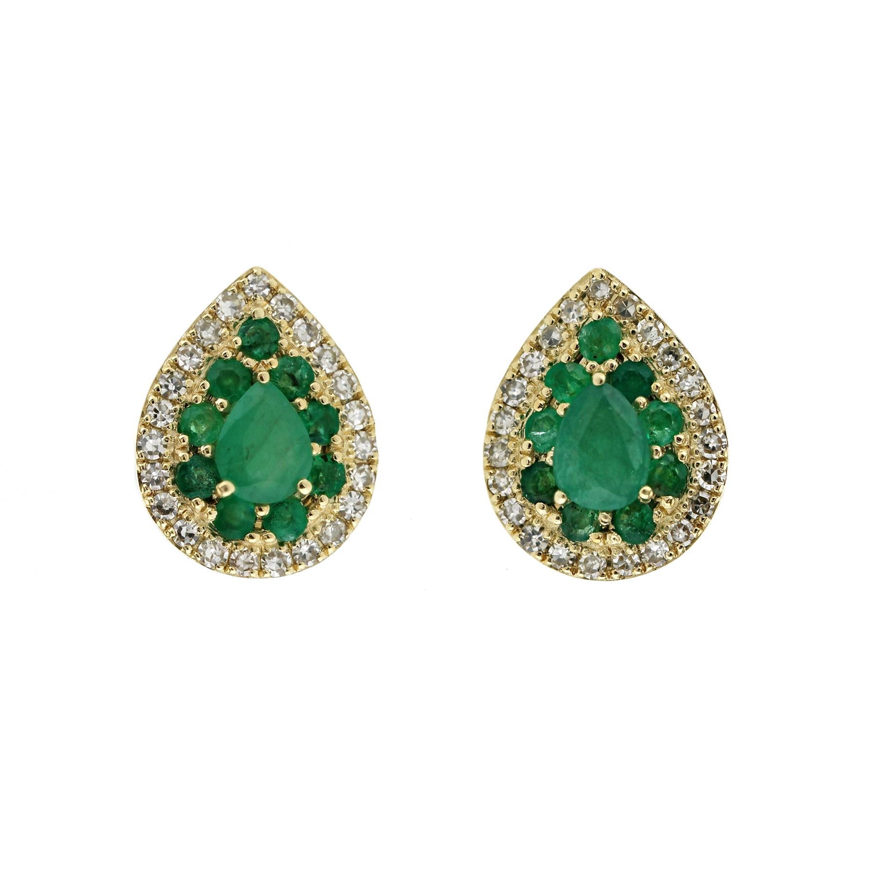 Smeraldo naturale 0,75 CT Diamanti 0,20 CT Orecchini a vite a forma di pera in oro 14K in vendita