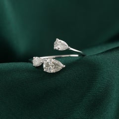 0.75 Ct Natural Pear Diamond Open Three-Stone Cuff Ring in 18K White Gold