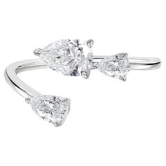 0.75 Ct Natural Pear Diamond Open Three-Stone Cuff Ring in 18K White Gold