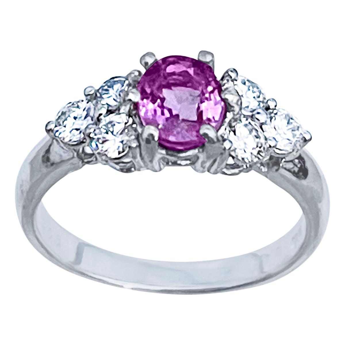 0.75 Ct Natural Pink Sapphire & 0.50 Ct Diamond Ring in 18 Karat White Gold For Sale
