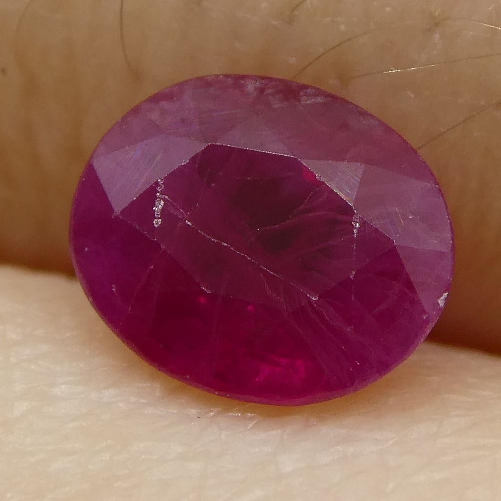 Description:

Gem Type: Ruby
Number of Stones: 1
Weight: 0.75 cts
Measurements: 6.00x5.08x2.83 mm
Shape: Oval
Cutting Style Crown: Modified Brilliant
Cutting Style Pavilion: Step Cut
Transparency: Translucent
Clarity: Moderately Included: Inclusions