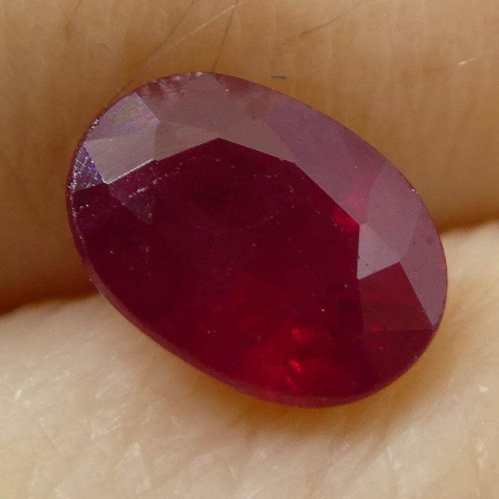 Description:

Gem Type: Ruby
Number of Stones: 1
Weight: 0.75 cts
Measurements: 5.81x4.26x3.04 mm
Shape: Oval
Cutting Style Crown: Modified Brilliant
Cutting Style Pavilion: Step Cut
Transparency: Translucent
Clarity: Moderately Included: Inclusions