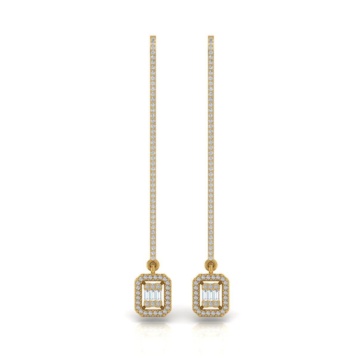 Modern 0.75 Ct. SI Clarity HI Color Baguette Diamond Hook Earrings 14 Karat Yellow Gold For Sale