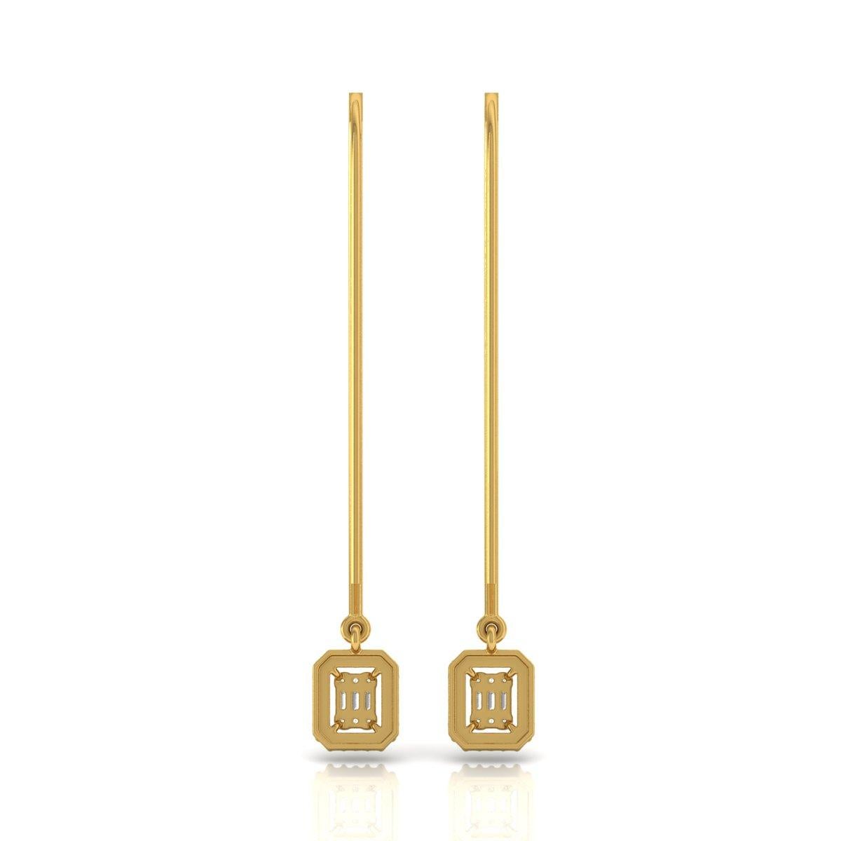 Baguette Cut 0.75 Ct. SI Clarity HI Color Baguette Diamond Hook Earrings 14 Karat Yellow Gold For Sale