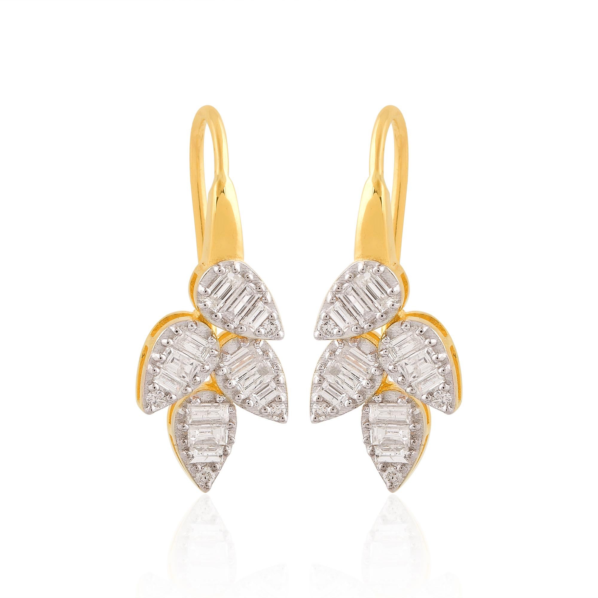 Modern 0.75 Ct SI/HI Baguette Diamond Leaf Hook Earrings 18 Karat Yellow Gold Jewelry For Sale