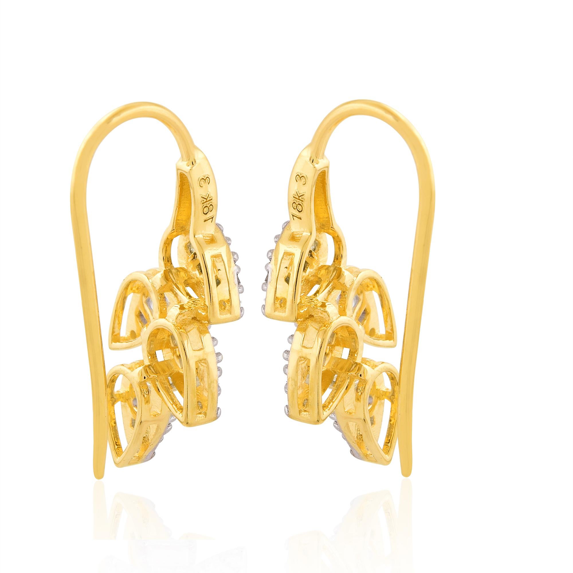 Baguette Cut 0.75 Ct SI/HI Baguette Diamond Leaf Hook Earrings 18 Karat Yellow Gold Jewelry For Sale