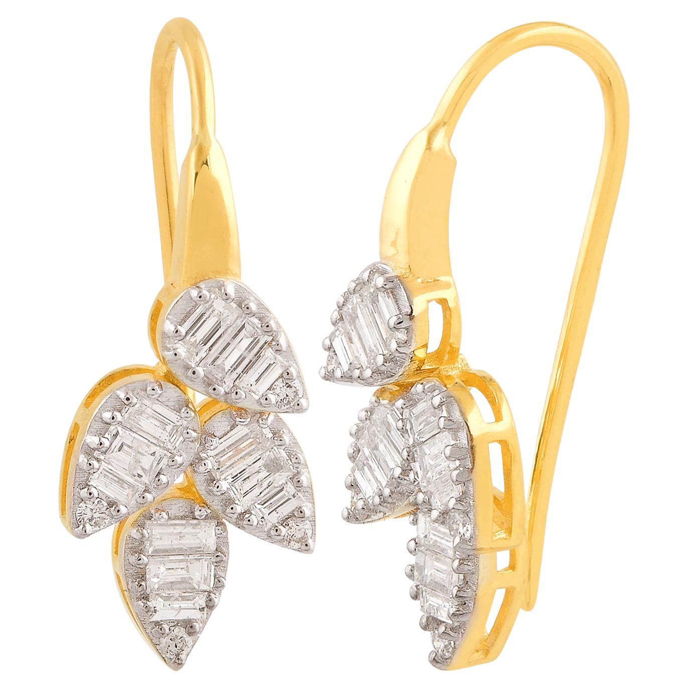 0.75 Ct SI/HI Baguette Diamond Leaf Hook Earrings 18 Karat Yellow Gold Jewelry For Sale