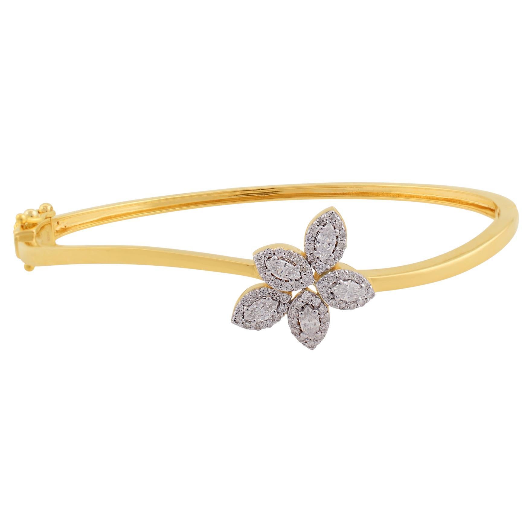 0.75 Ct SI/HI Marquise Round Diamond Flower Bangle Bracelet 18 Karat Yellow Gold For Sale