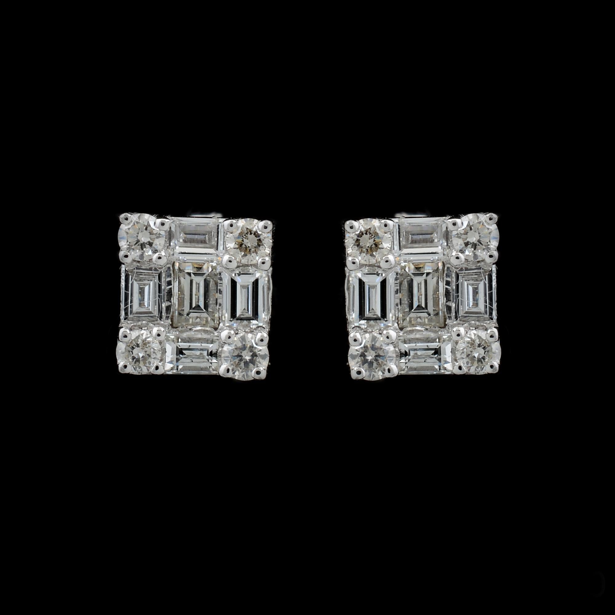 Women's 0.75 Ct SI/HI Round Emerald Cut Diamond Square Stud Earrings 18 Karat White Gold For Sale