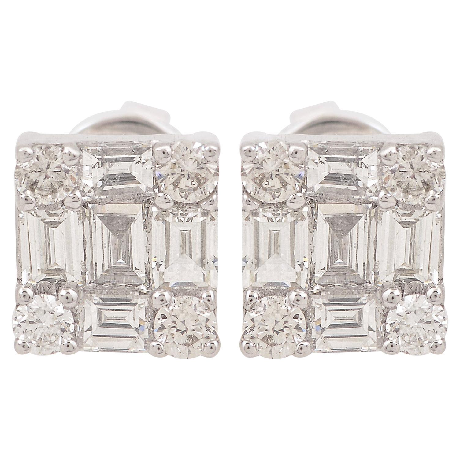 0.75 Ct SI/HI Round Emerald Cut Diamond Square Stud Earrings 18 Karat White Gold For Sale