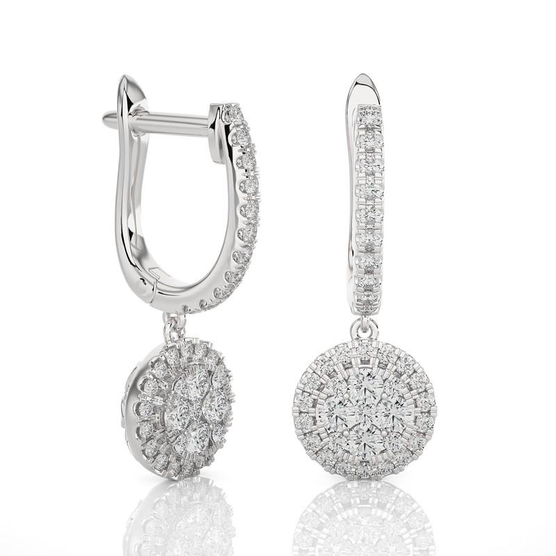 Elevate your elegance with our Moonlight Round Cluster Earring, a captivating piece in 14K white gold weighing 2.8 grams. This pendant boasts a total carat weight of 0.75 carats, featuring 76 radiant diamonds intricately set in a mm round cluster,