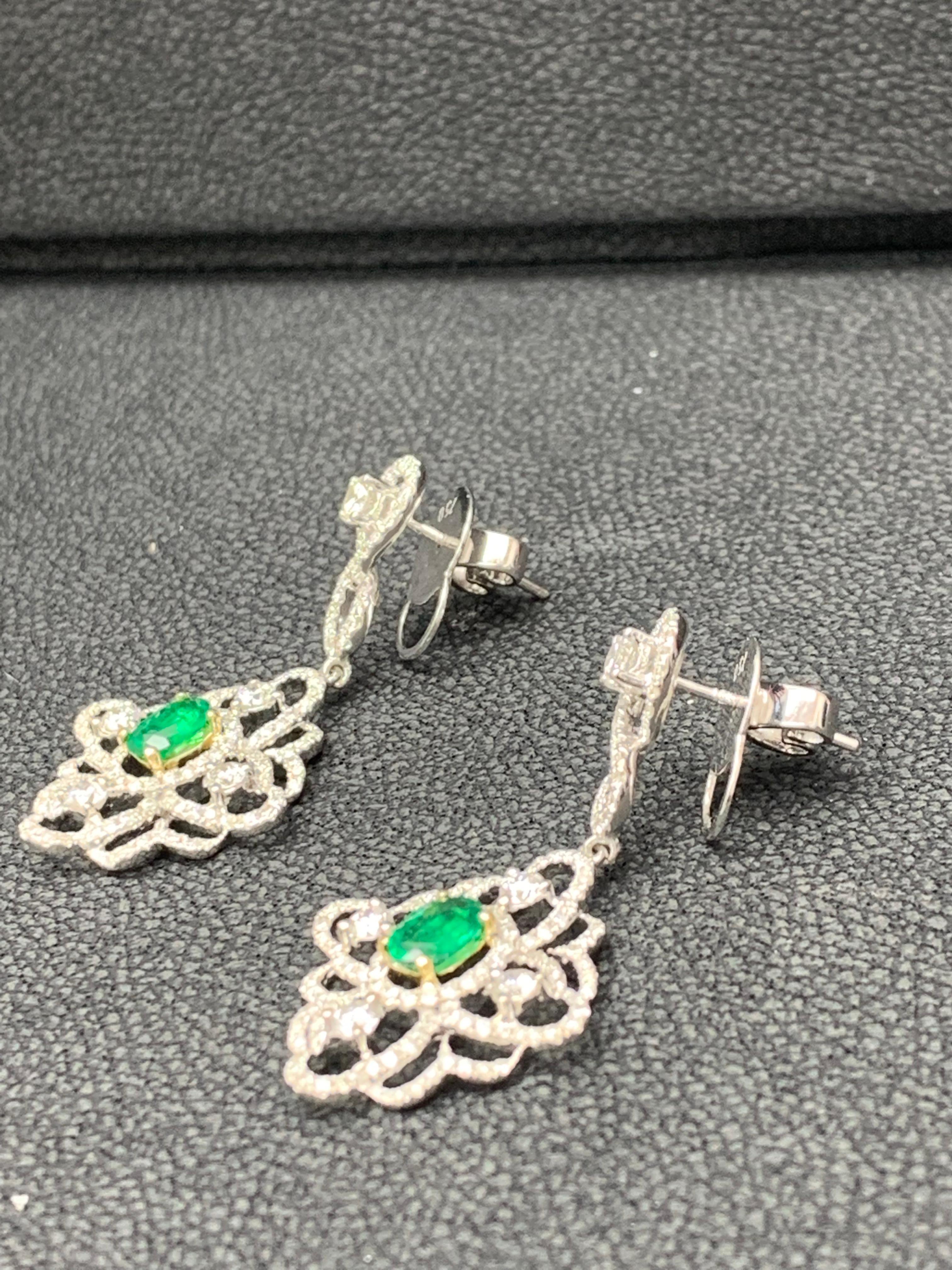 0.75 Oval Cut Emerald and Open-Work Diamond Chandelier Earrings in 18K Mix Gold For Sale 2