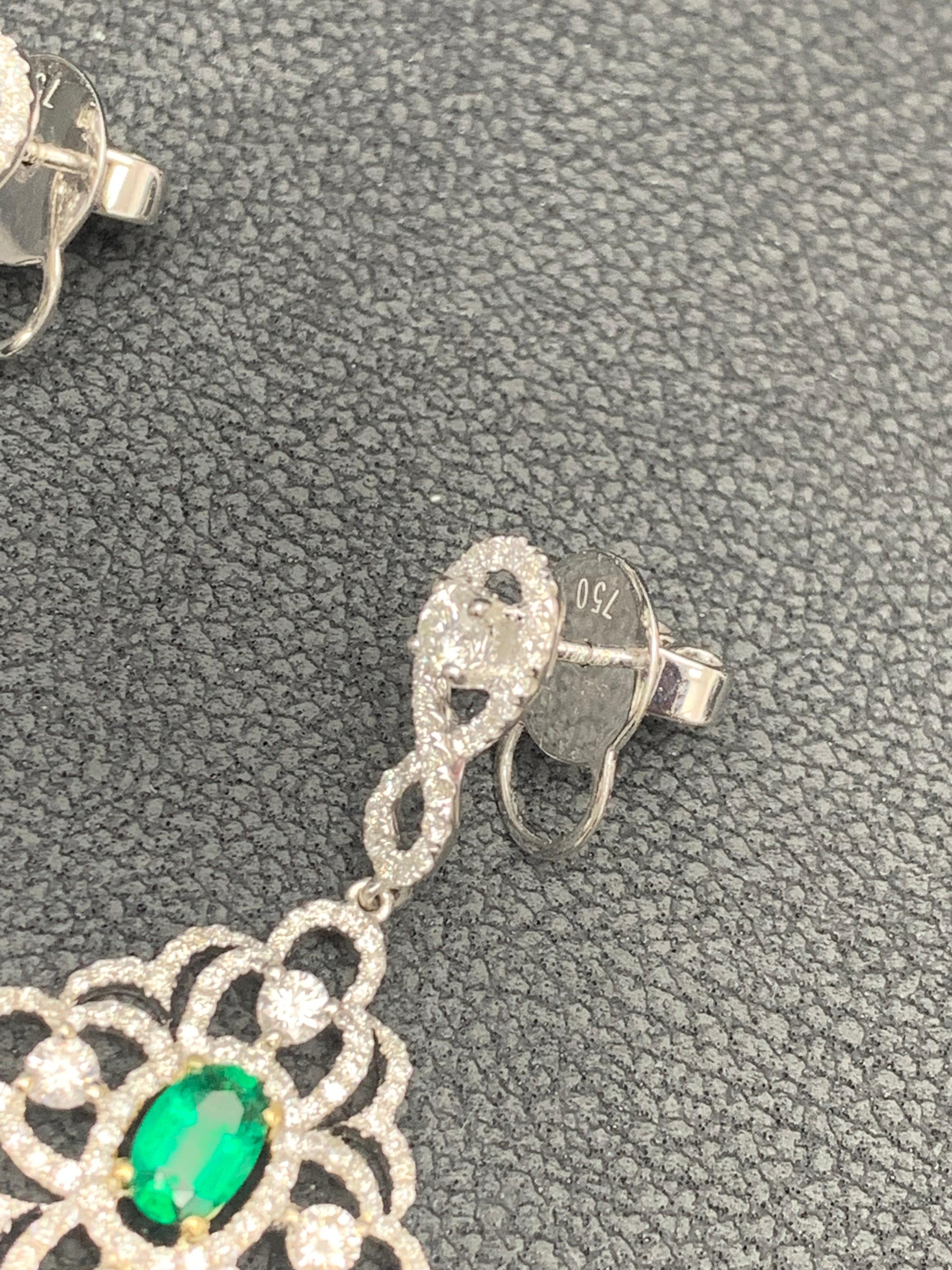 0.75 Oval Cut Emerald and Open-Work Diamond Chandelier Earrings in 18K Mix Gold For Sale 3