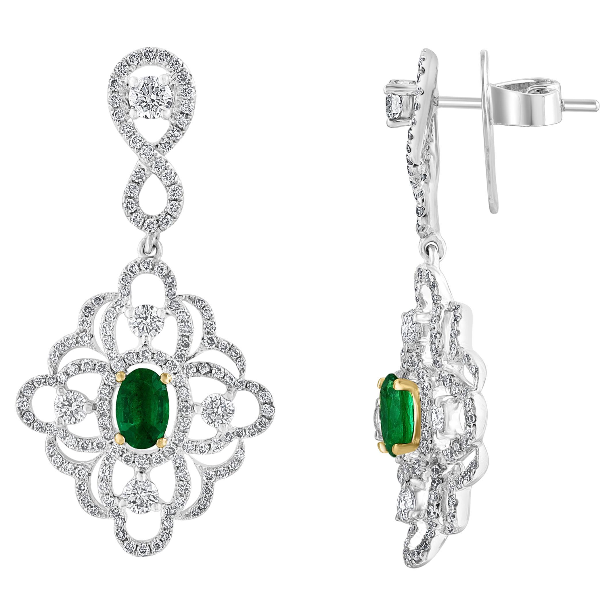 0.75 Oval Cut Emerald and Open-Work Diamond Chandelier Earrings in 18K Mix Gold For Sale