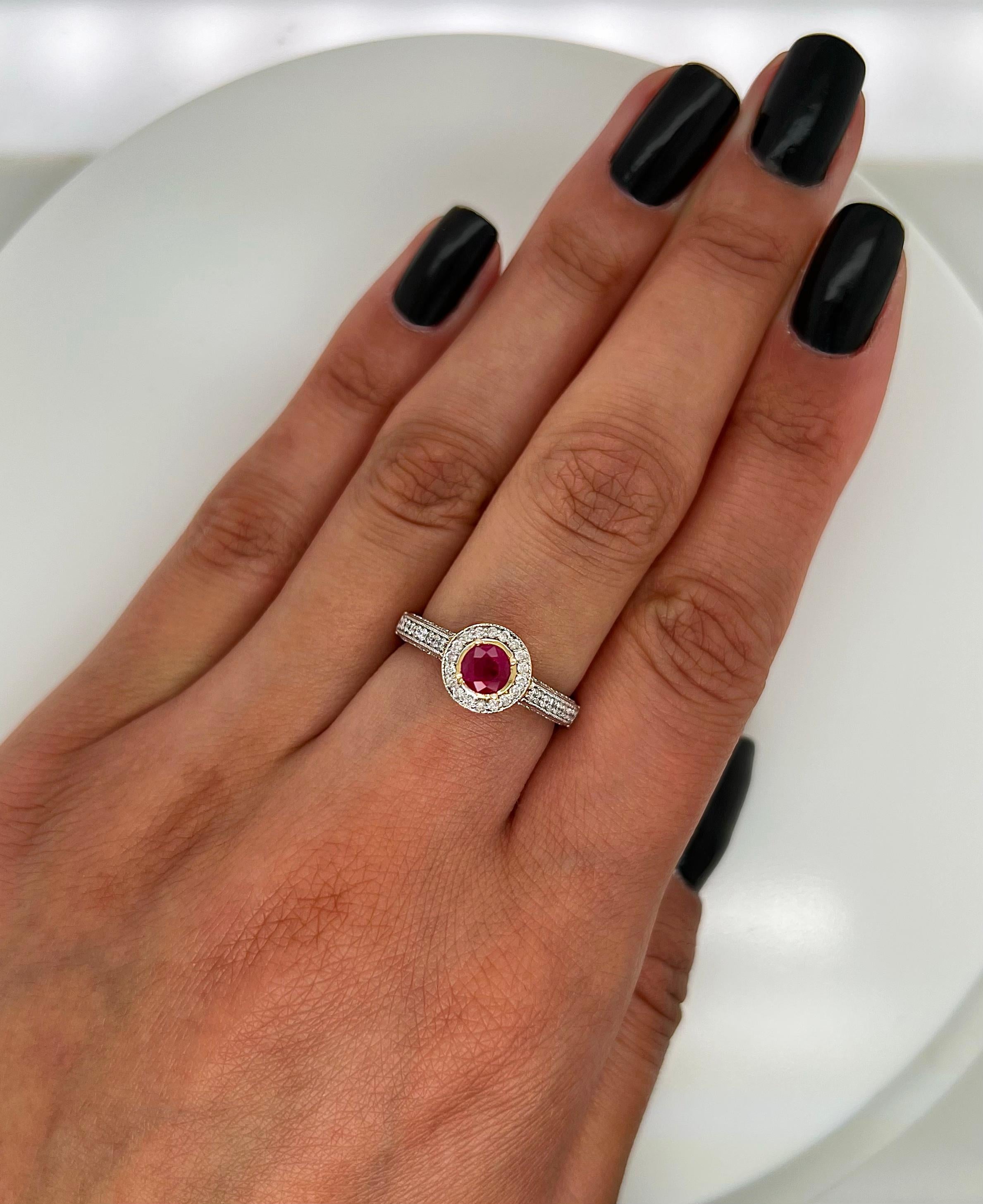 Round Cut 0.75 Total Carat Two Tone High Set Ruby Engagement Ring with Diamond Micropave For Sale