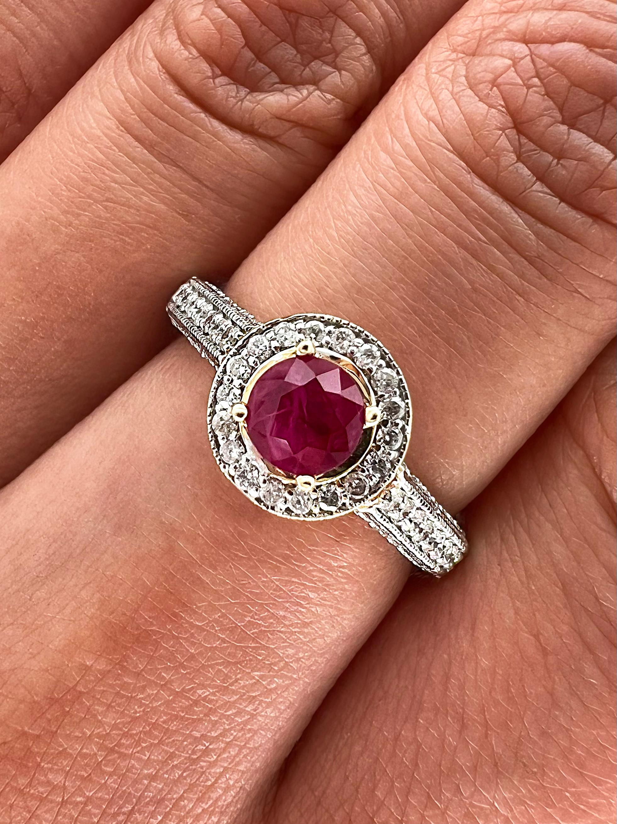 0.75 Total Carat Two Tone High Set Ruby Engagement Ring with Diamond Micropave In New Condition For Sale In New York, NY