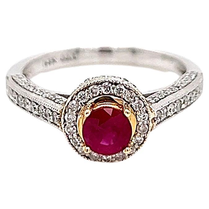 0.75 Total Carat Two Tone High Set Ruby Engagement Ring with Diamond Micropave For Sale