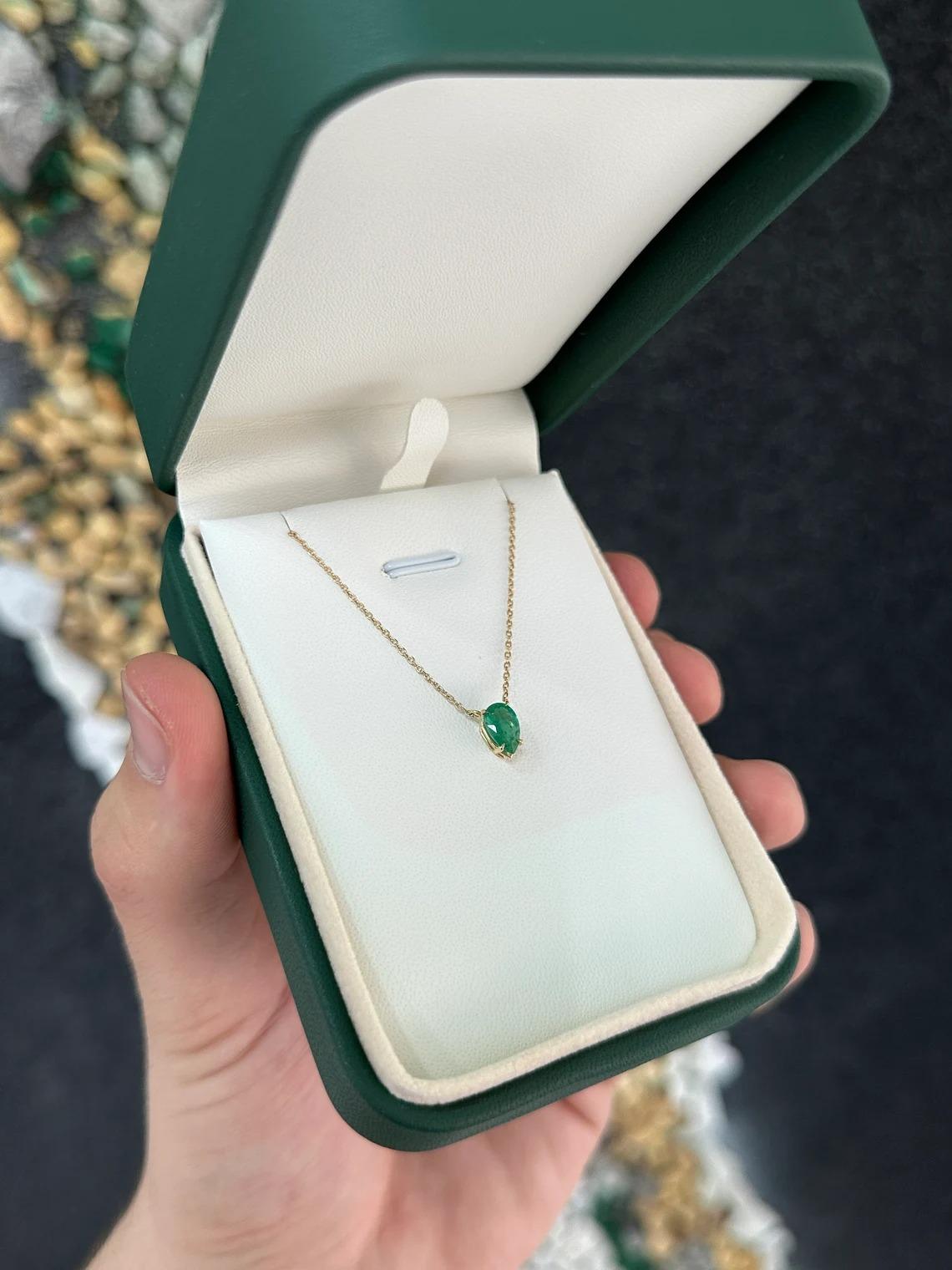 0.75ct 14K Natural Medium Dark Green Pear Cut Emerald Prong Set Pendant Necklace For Sale 1