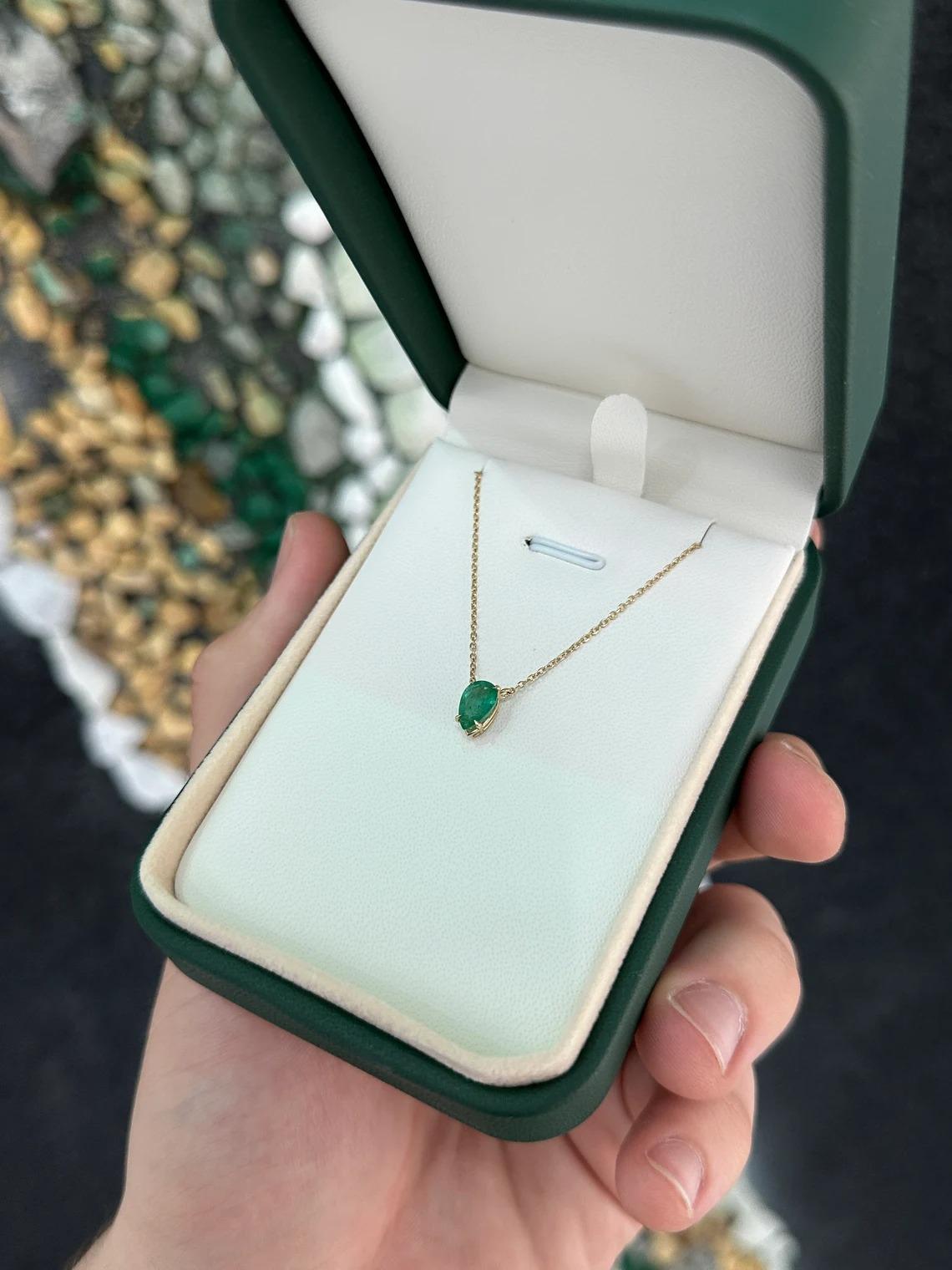 0.75ct 14K Natural Medium Dark Green Pear Cut Emerald Prong Set Pendant Necklace For Sale 2