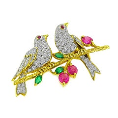 0.75ct Diamond 0.70ct Ruby Emerald Gold Love Bird Pin