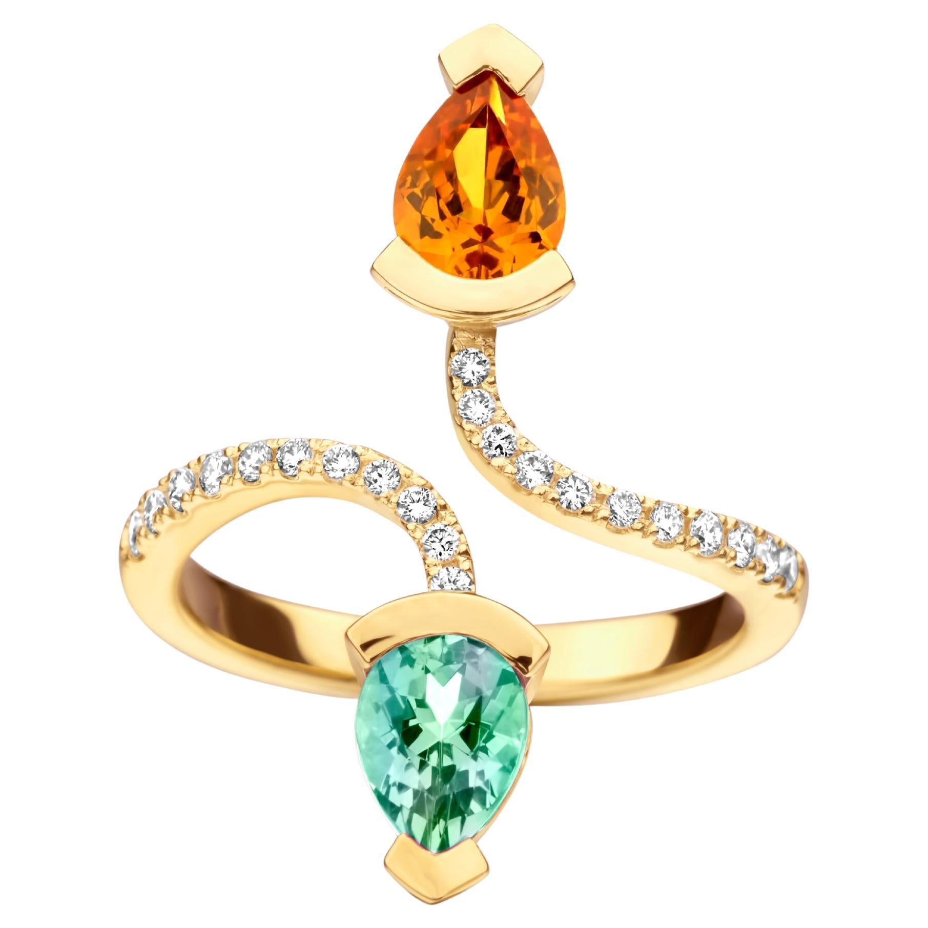 Bague cocktail en or 18 carats avec grenat mandarin 0,75 carat et tourmaline 0,70 carat en vente